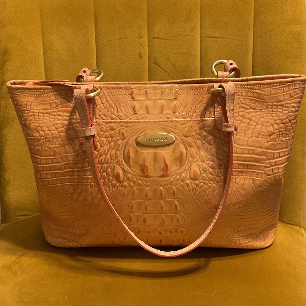 Brahmin - Peach Pink Croc Embossed Leather Tote Bag